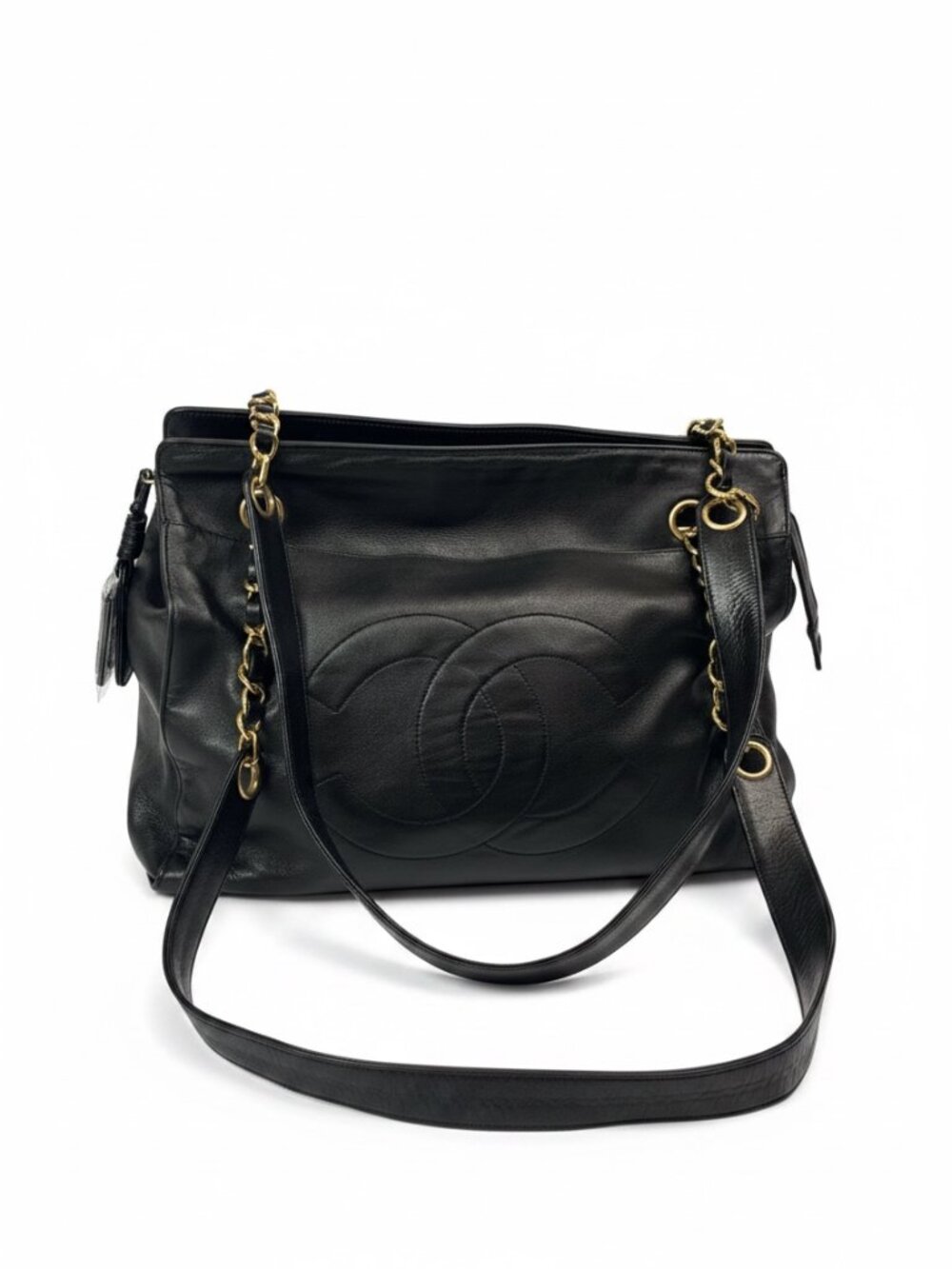 CHANEL Vintage Timeless CC Tote Black Lambskin Gold Hardware 90s Shoulder Bag